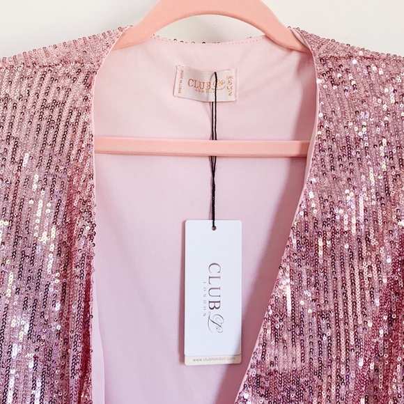 Club L London Pink Sequin long sleeve mini Wrap Dress - Picture 6 of 13
